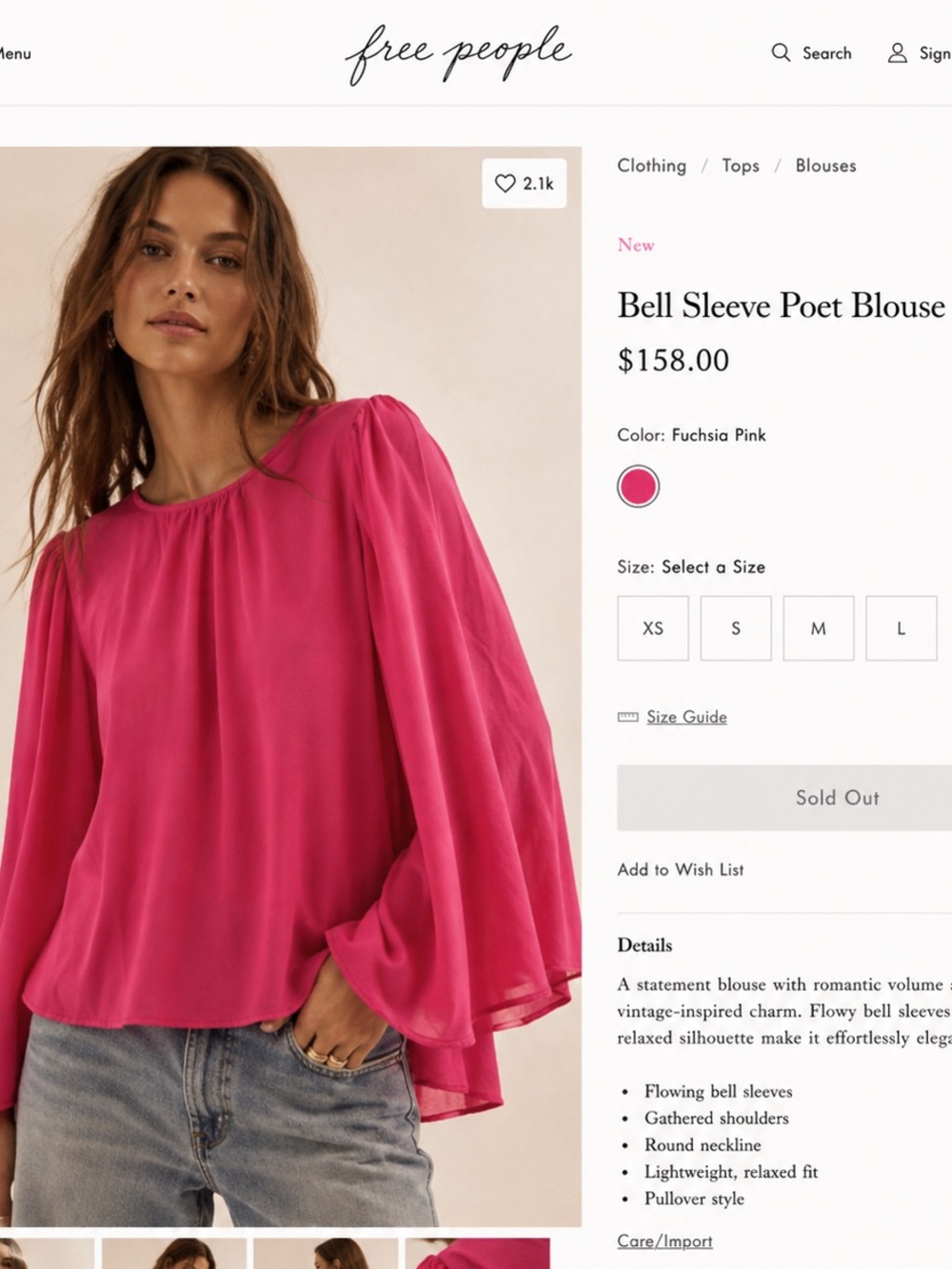 Free People Fuchsia Pink Bell Sleeve Poet Blouse